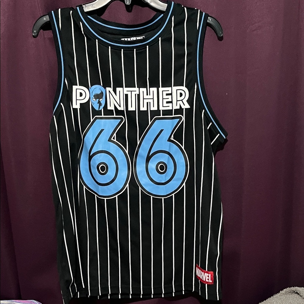 Marvel Black Jersey with Blue and White Stripes